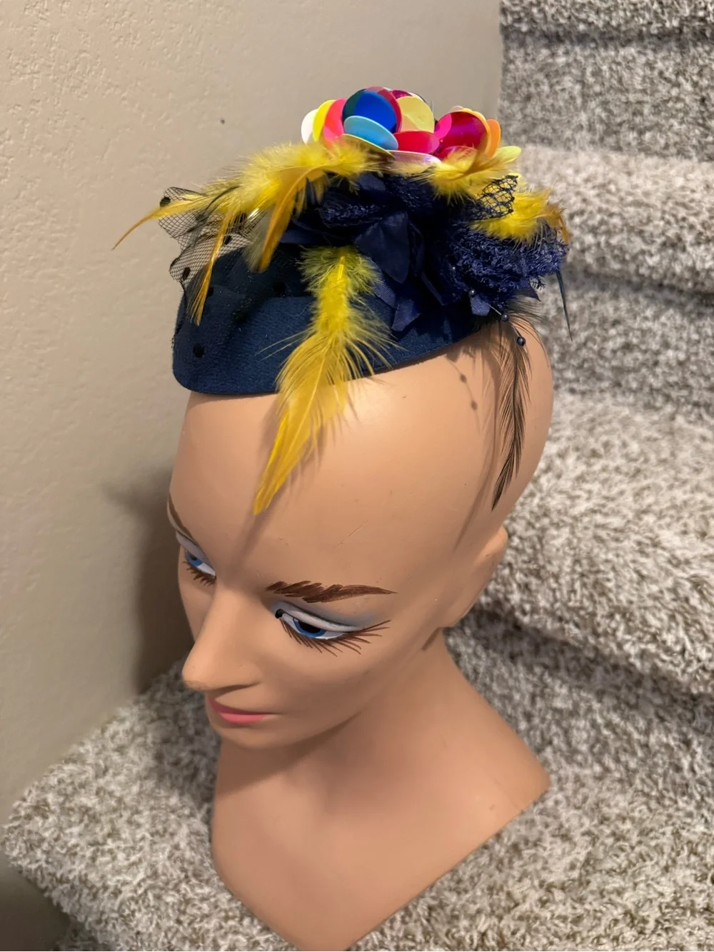 Navy Blue Feathered Fascinator Headpiece with Multicolor sequins